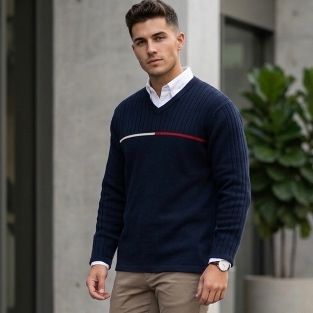 Tommy‎ Hilfiger Mens XL Navy Blue V-Neck Ribbed Cotton Stripe Sweater Japan Made